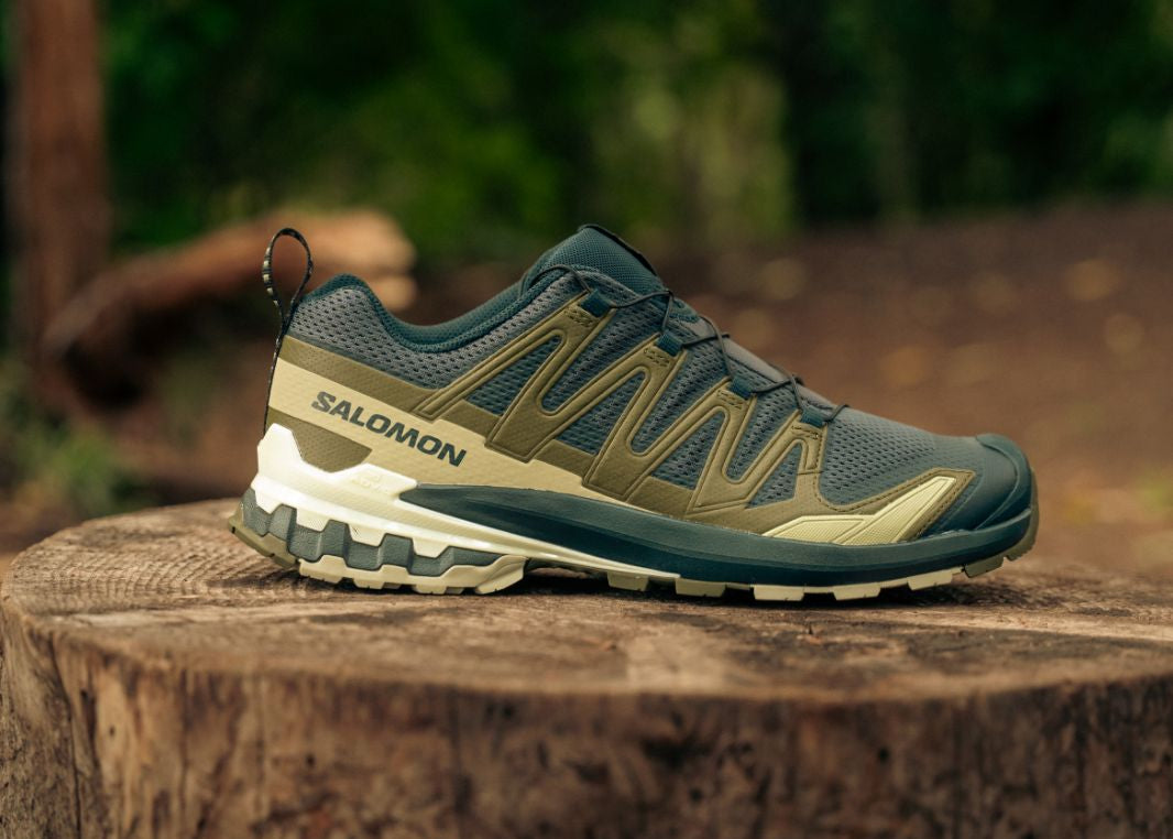 A Salomon trail running shoe in olive green and beige, resting on a rustic tree stump with a blurred forest background.